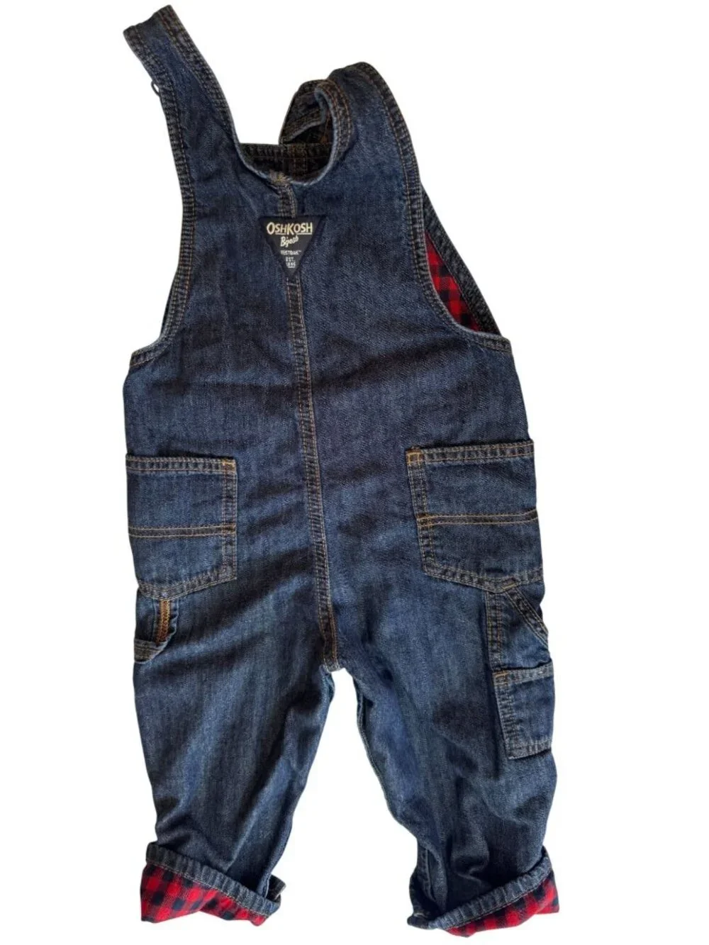 OshKosh Bgosh Denim Overalls Toddlers Red Buffalo Plaid Lined Kid Size 24 Months
